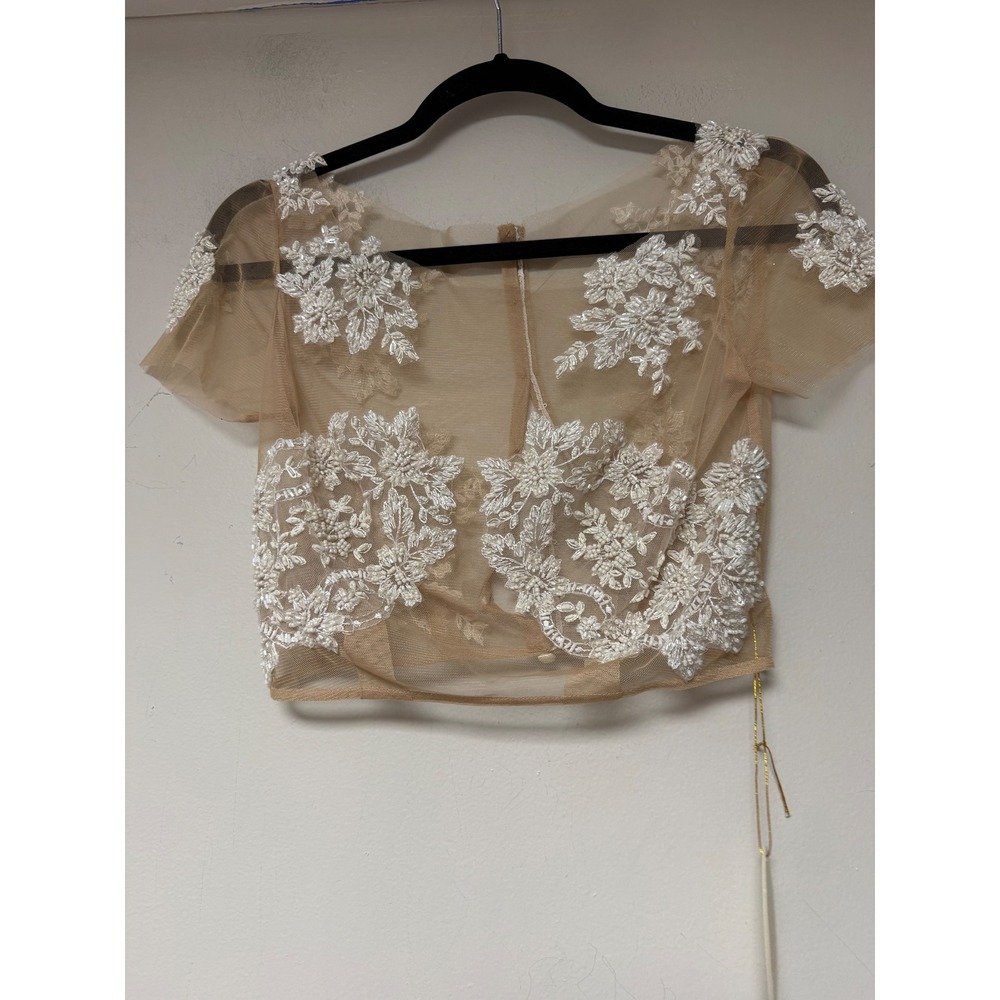 Leanne Marshall Beaded Illusion Crop Top Sheer White Floral‎ Size 4
